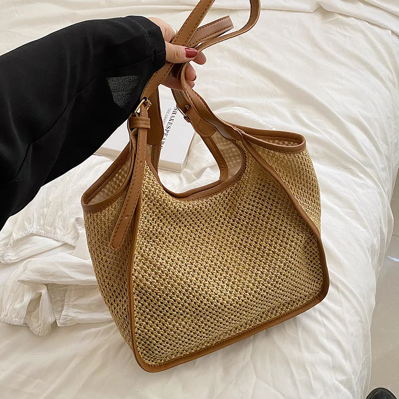 

Summer Straw Bags for Women Big Handmade Beach Bags 2022 Rattan Woven Handbags Travel Shopper Casual Resort Style Shoulder Bags