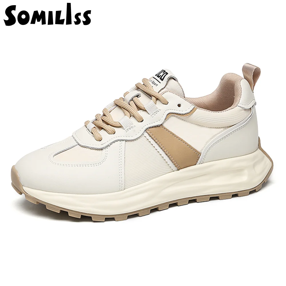 

Women's Chunky Platform Sneakers Genuine Leather Casual Sneakers Lace Up Ladies Fashion Breathle Running Shoes