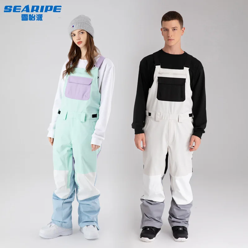 Snow Pants Season 22 New Single Board Strap Ski Waterproof Wear-resistant Contrast Color Clothes Men's And Women's