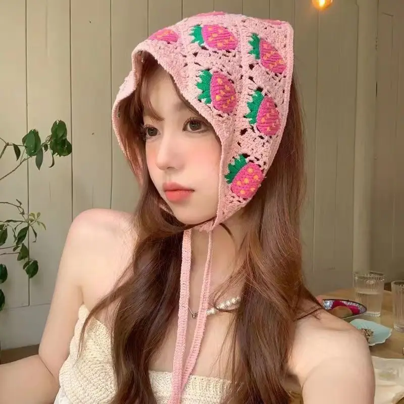 Korean Small Mushroom Strawberry Handmade Crochet Hollow Triangle Headband Towel Sweet Cute Strap Hair Bag Headscarf Hat