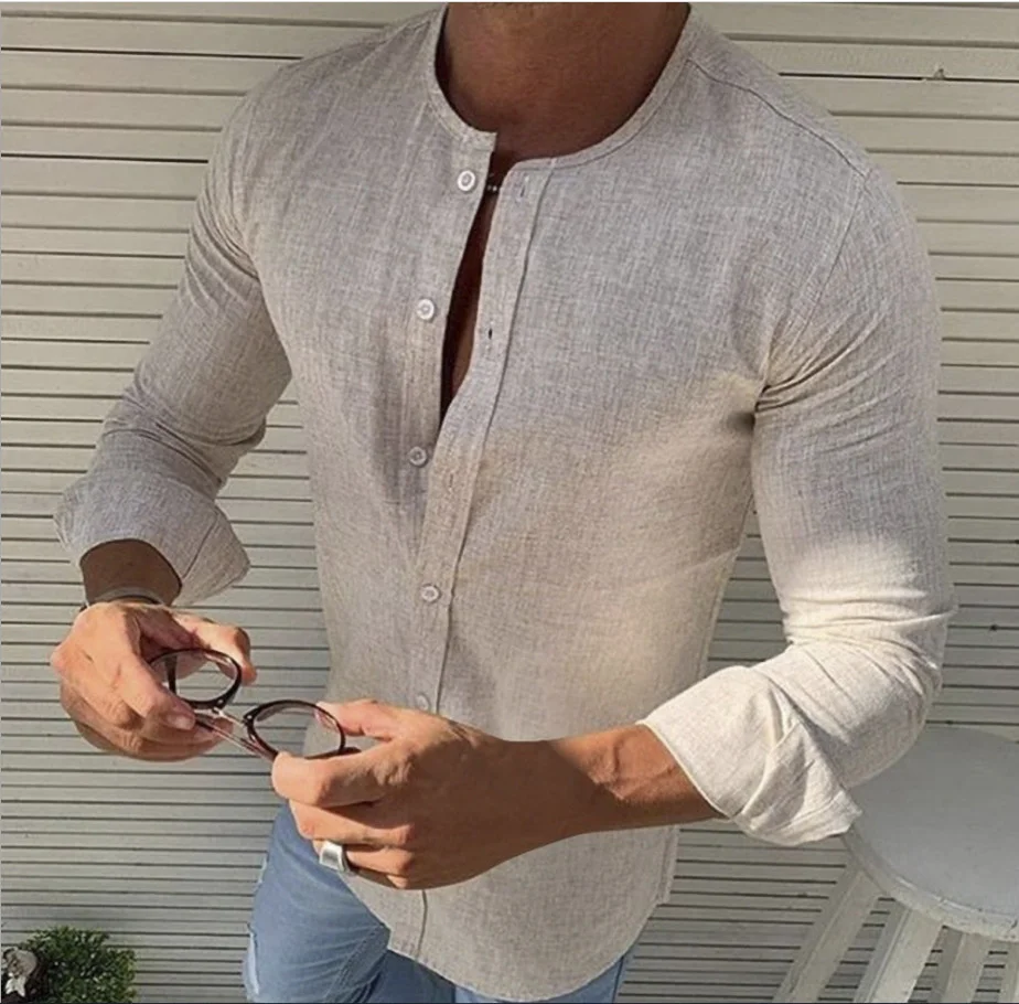 Autumn Winter Solid Men's Round Neck Cotton Linen Shirt Casual Loose Tops Long Sleeve Men Clothing