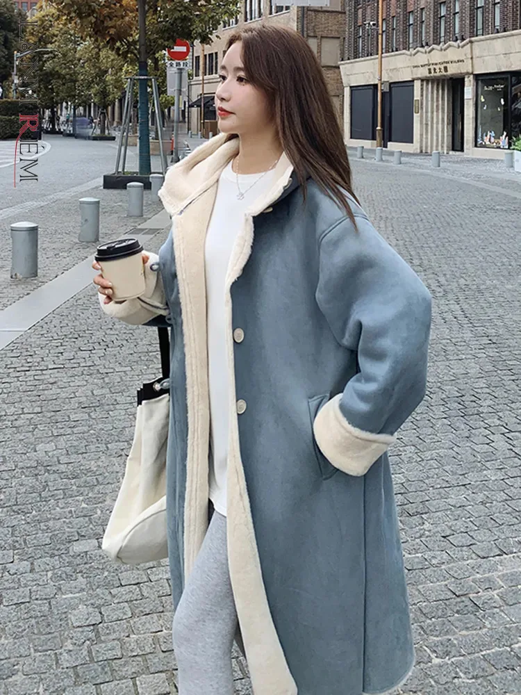 

LANMREM 2023 зимнее длинное синее меховое пальто с отворотом однобортное лоскутное плотное теплое пальто женская уличная одежда 2DA1992