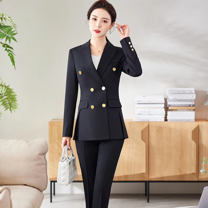 Pink Black Khaki Women Business Pant Suit Double Breasted Blazer Jacket and Trouser Office Ladies Work Wear Formal 2 Piece Set