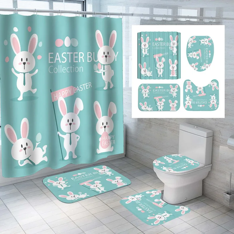 

Cartoon Rabbit Shower Curtain 3D Easter Eggs Bath Mat Set Toilet Rug Waterproof Cute Animal Bath Curtain Carpet Bathroom Decor