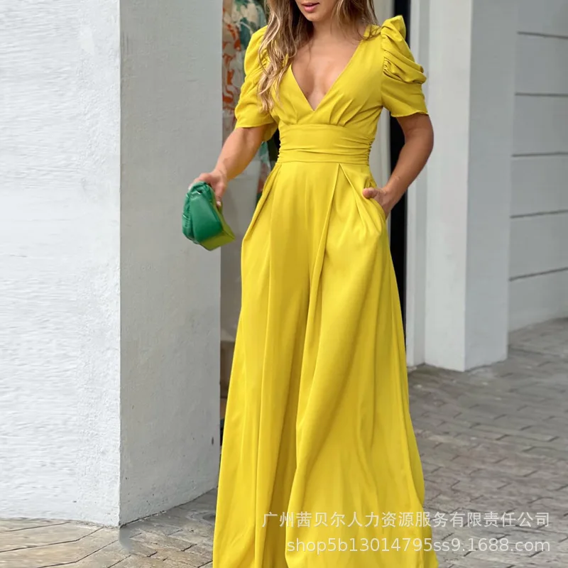 

Puff Sleeve Plunge Wide Leg Jumpsuit Women Spring Summer Loose Overall Pants V Neck Sexy Floor Length Jumpsuits