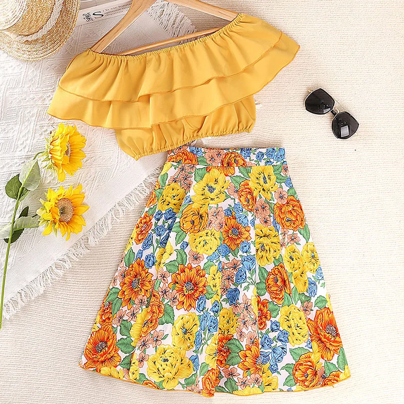 5-16Y Summer Kids Baby Girls Clothes Set Solid Off Shoulder Crop T-shirt Tops Flowers Printed Ruffle Skirts Outfit Clothes