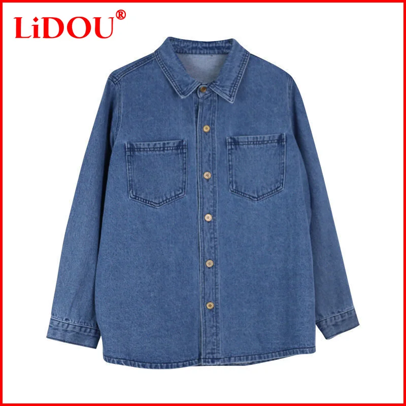 

Fashion Women Blouses 2022 Retro Classic Lapel Button Stitching Pocket Solid Color Long Sleeve Coat Versatile Loose Denim Shirt