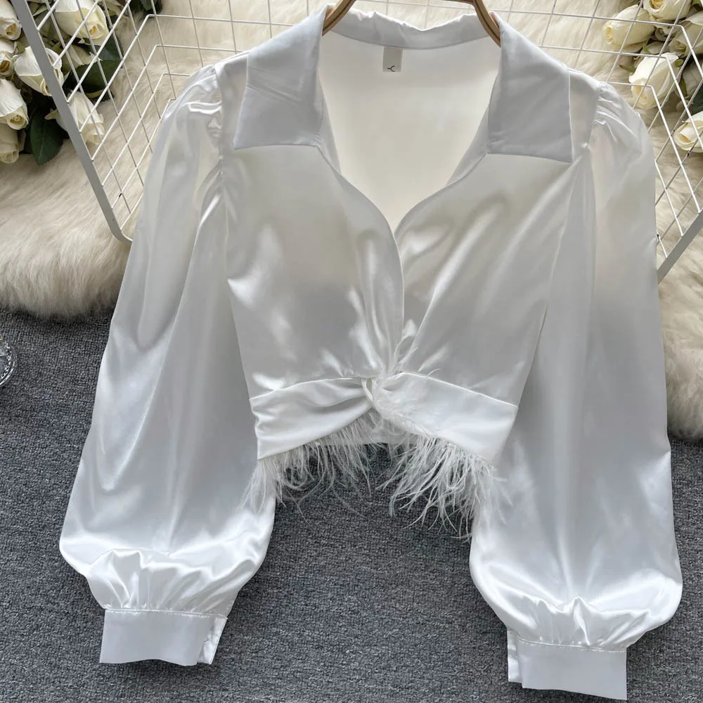 Женская атласная рубашка с длинным рукавом элегантный укороченный топ