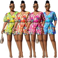 european and american sexy womens clothing 2022 summer beach sexy printed half sleeve jumpsuit jumpsuit shorts