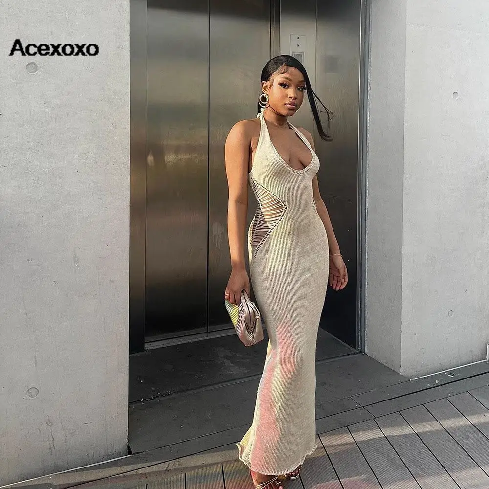 

2023 summer new European and American women's sexy slim hollow halter dress female
