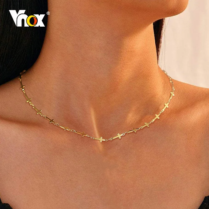 

Vnox Stylish Cross Chain Necklaces for Women, Gold Color Solid Stainless Steel Chokers, Minimalist Dainty Girls Neck Collar