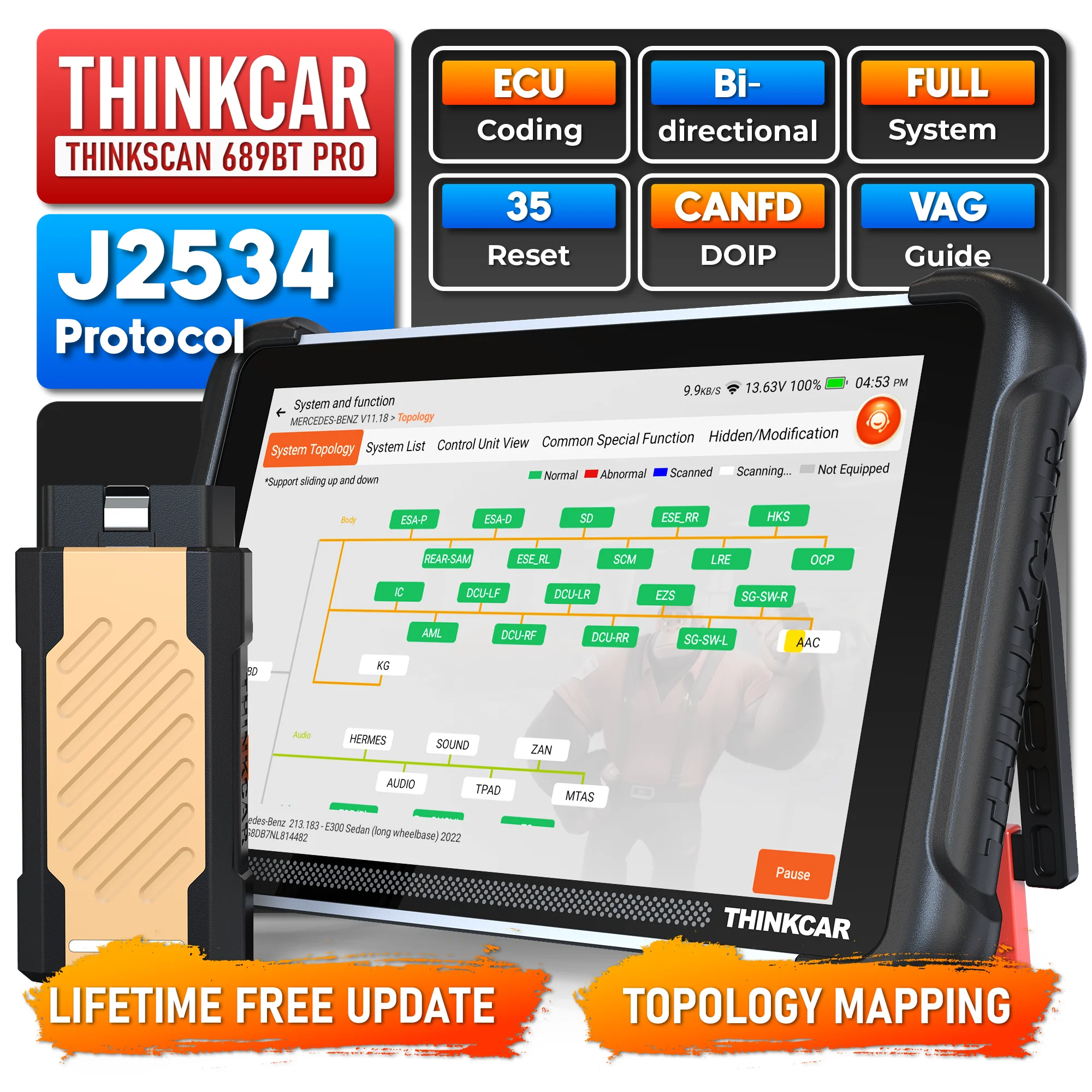 THINKCAR THINKSCAN 689BT PRO Топологический программатор ключей J2534, автомобильный диагностический инструмент, кодирование ЭБУ, двунаправленный автомобильный сканер OBD2 (art.: 3920dcf375950) - 3920dcf375950