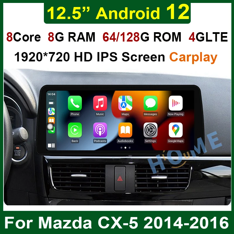 

Car Multimedia Player GPS Navigation 12.5" Android12 8+128G for Mazda CX-5 2014 2015 2016 Auto Stereo CarPlay WiFi 4G Bluetooth