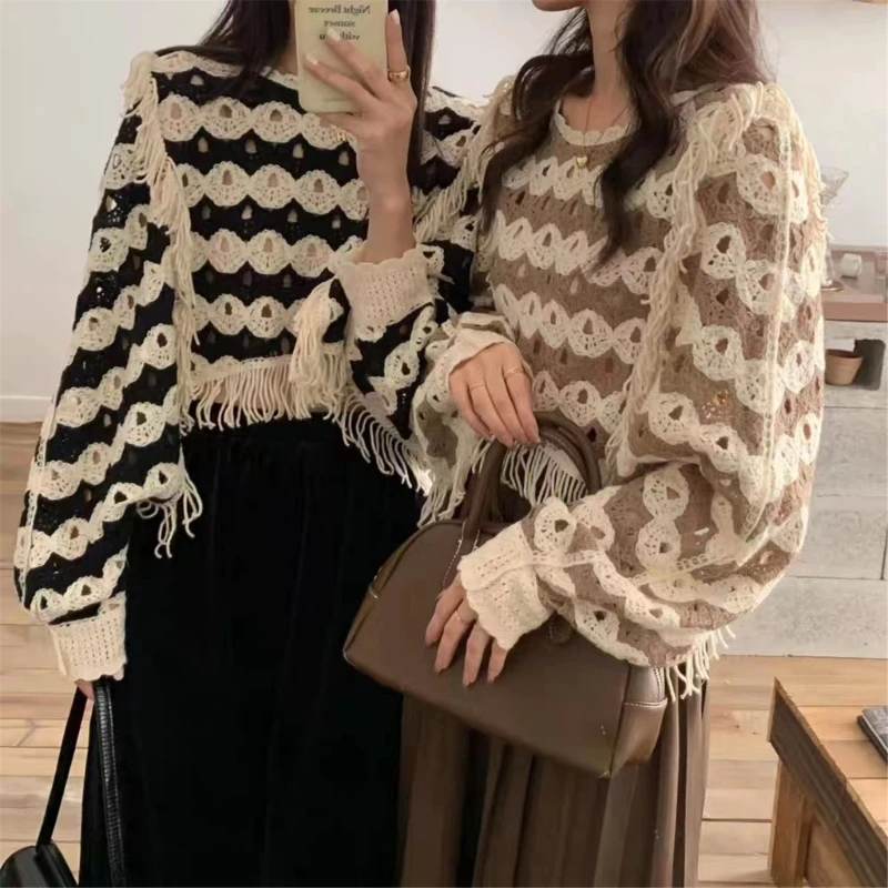 

2022 New Women Hollow Out Batwing Long Sleeve Shirts French Style Crochet Knitted Striped Tassels Trim Casual Loose Sweater Top