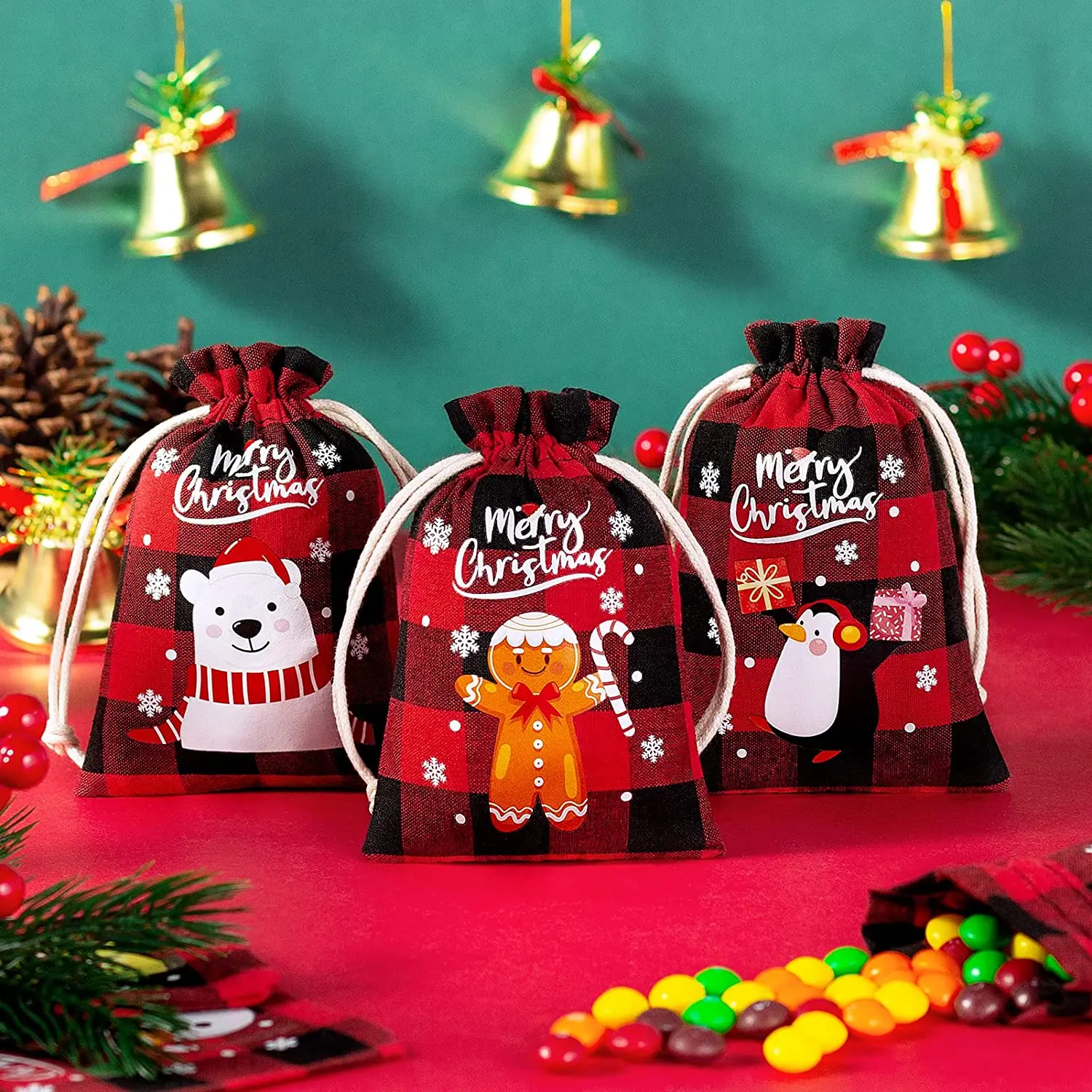 

Рождественская клетчатая Хлопковая Сумка, многоразовые рождественские льняные сумки, мешковины, конфеты, шоколад, пакеты для упаковки подарков, мешковины в клетку буйвола