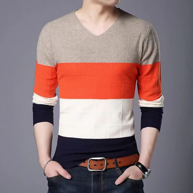 

Mens Sweater V Neck Striped Slim Fit Knittwear Long Sleeved Sweater Pullover Men Thin Casual Knitted Sweater Pullovers Male Q337