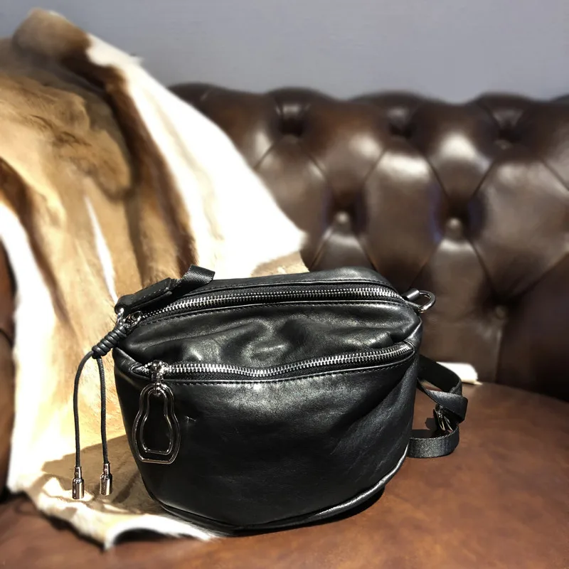

Simple casual high quality natural genuine leather ladies Black Saddle bag outside work weekend real cowhide crossbody bag