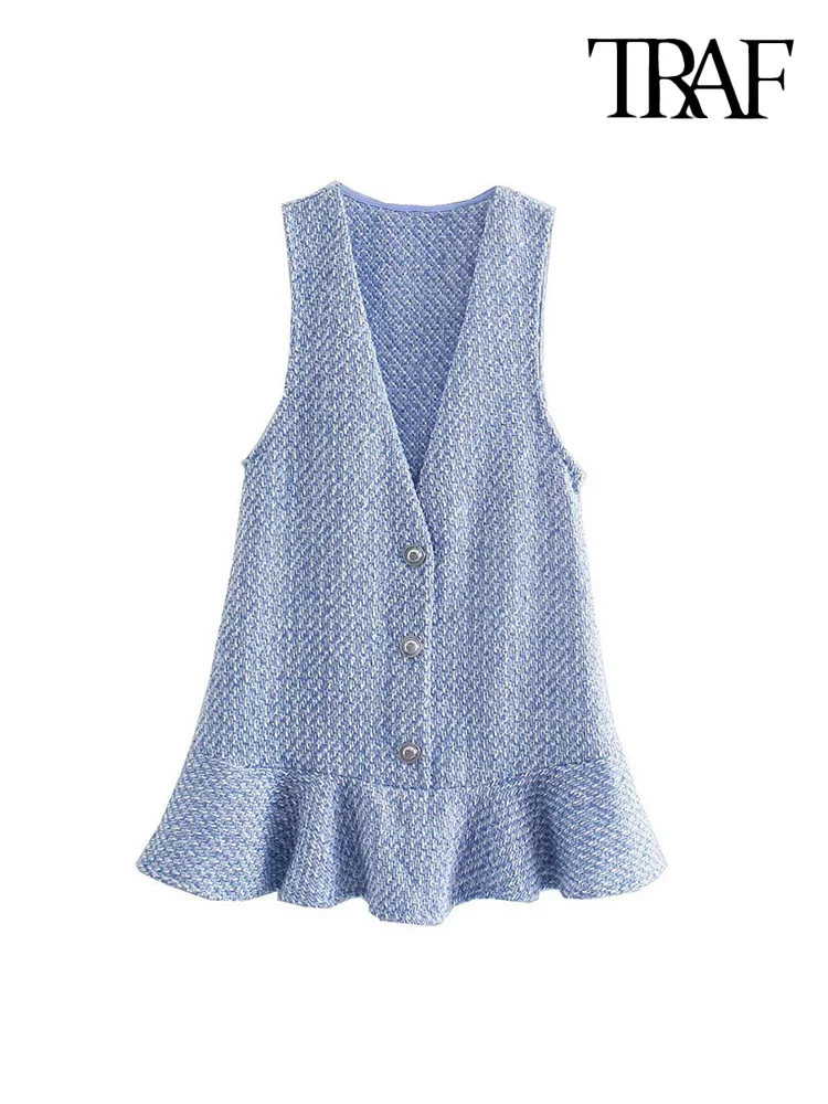 

TRAF Women Fashion Tweed Ruffled Pinafore Mini Dress Vintage V Neck Sleeveless Female Dresses Vestidos Mujer