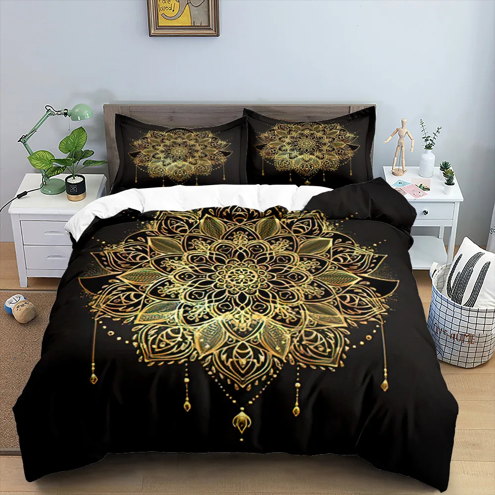 

Mandala Duvet Cover Set Bohemian Style Yoga Eye Mandala Flower Dark Gold for Kid Boys Girl Polyester Bedding Set King Queen Size