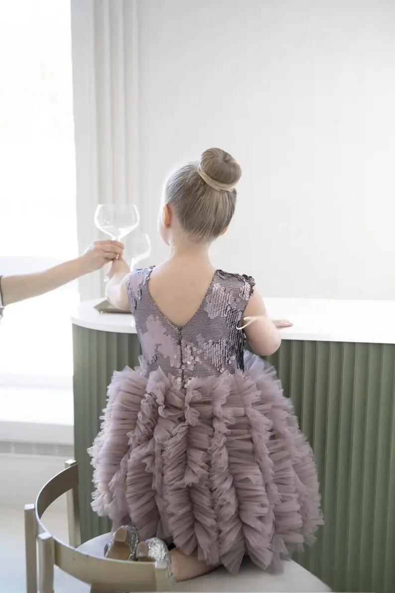 Chocolate Shine Pageant Sequin Outfit Babygirl Birthday Dress Special Occasion Girls Prom Gown Princess Party Tulle Skirt