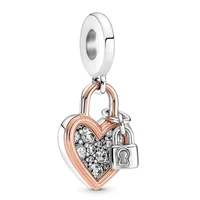 authentic 925 sterling silver heart padlock double dangle with crystal charm bead fit pandora bracelet necklace jewelry