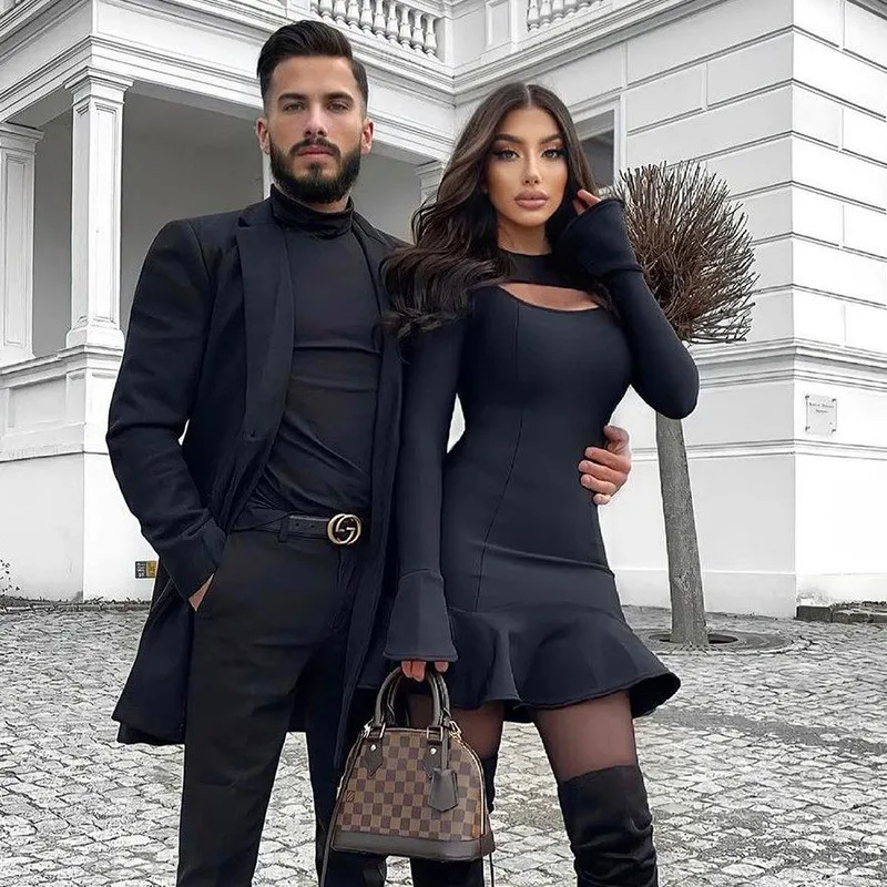 

2022 Spring Women Black Cute Ruffles A-line Dress Sexy Hollow Out Long Sleeve Bandage Dresses Elegant Party Dress Robes