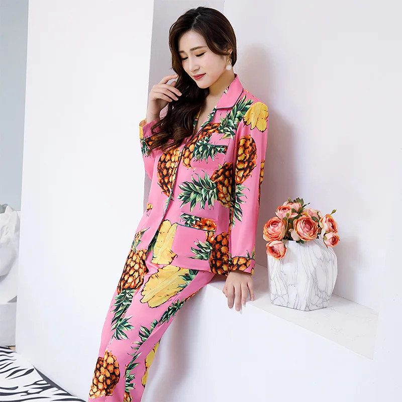 Silk Women's Pajama Set Summer Spring Autumn Long Sleeve Ladies 2 Pcs Pijama Suit with Pant Pineapple Print Sleepwear for Female