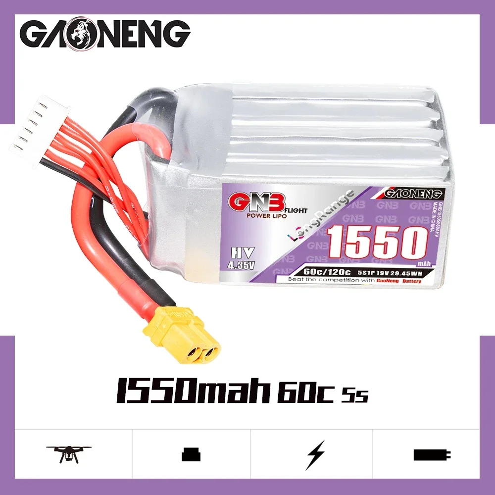 

GaoNeng GNB 5S1P 1550mAh 19.0V 60C/120C Light Weight Long Range LiHV Lipo Battery With XT60 Plug For FPV Racing Drone RC Part