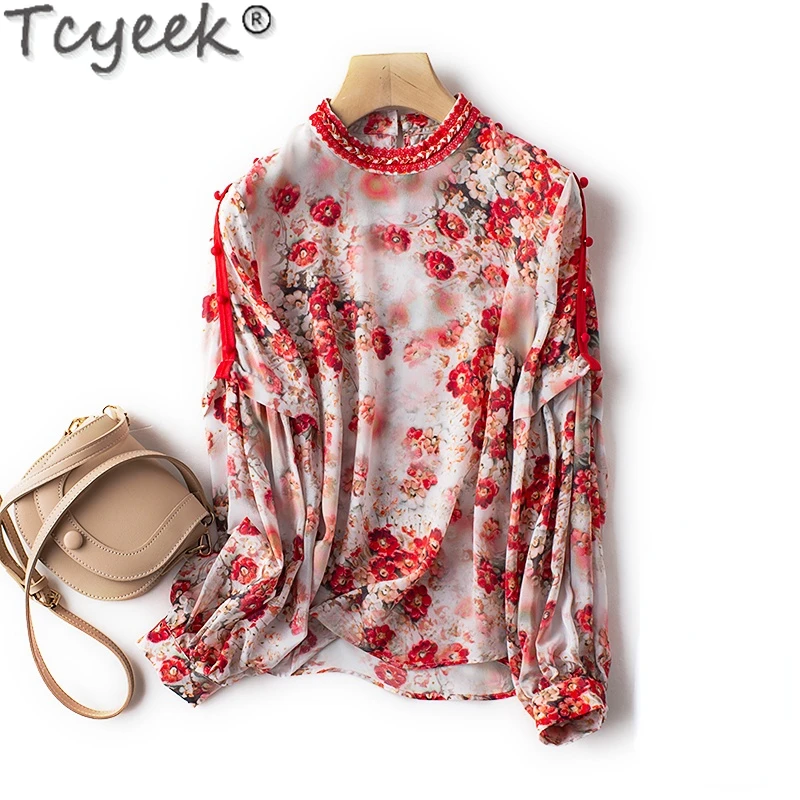 

Tcyeek 100% Real Silk Blouse Tops Women Spring and Summer Floral Print Long Sleeve Blouse Elegant Woman Shirt Blusas Mujer