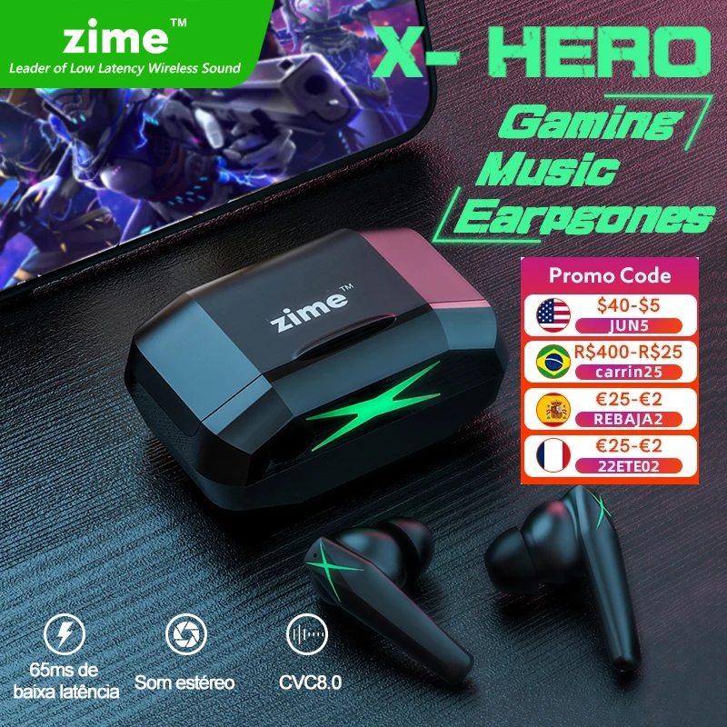 Zime Xhero Bluetooth Earphone Wireless 5.0 TWS Earbuds Headset Low Latency Headphone Stereo Sports Waterproof Noise Reduction