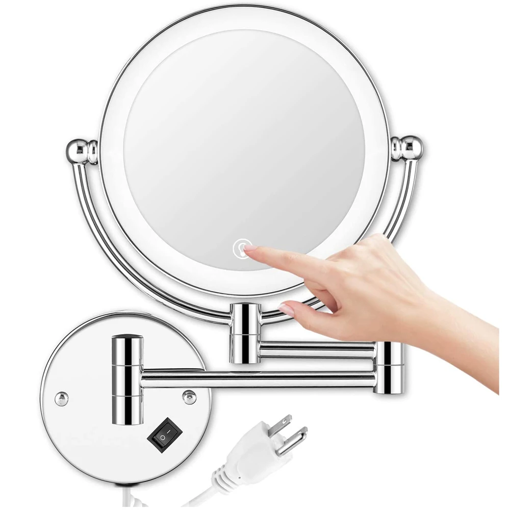 

8 Inches Wall Mounted Makeup Mirror with LED Lighted Plug in Touch Dimmable Double Sided 1X/5x Magnifying Bathroom Vanity Mirror