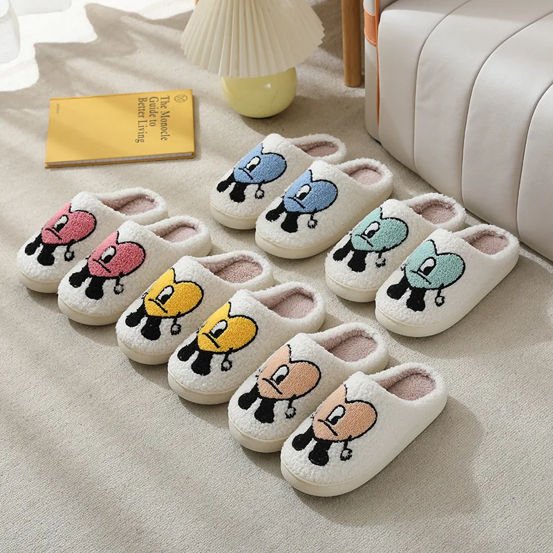 

Autumn Winter Fulffy Fur Slippers Plush Fleece Flat Blue Eye Slippers Sweet Thick Soled Indoor Cotton Slippers For Couple Shoes