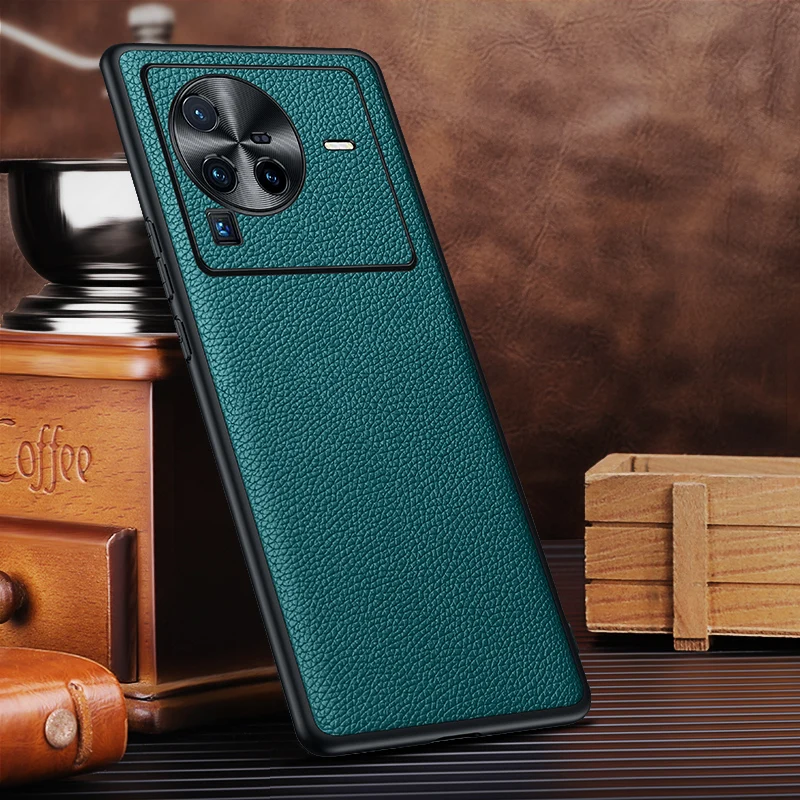 Luxury Litch Pattern Real Genuine Leather Fundas Cases For Vivo X80 Pro Coque Shockproof Cover  Case Shell