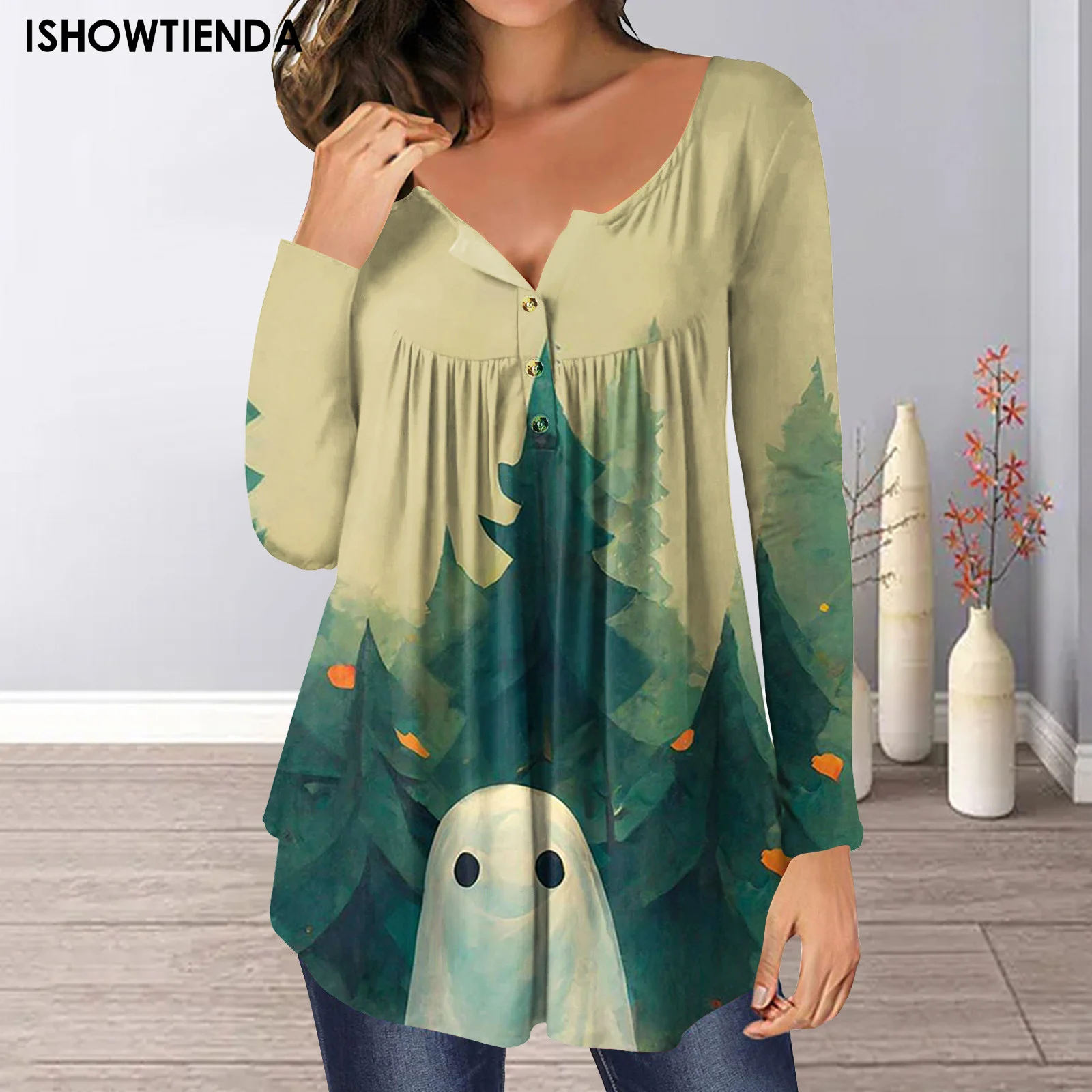 

Женская футболка с длинным рукавом, круглым вырезом и принтом