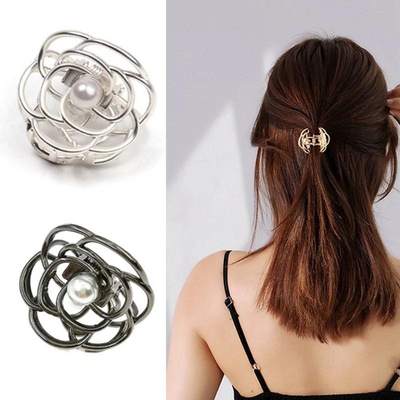 

Korean Trendy Retro Pearl Camellia Clip Metal Female Elegant Back Hair Hairpin Clip