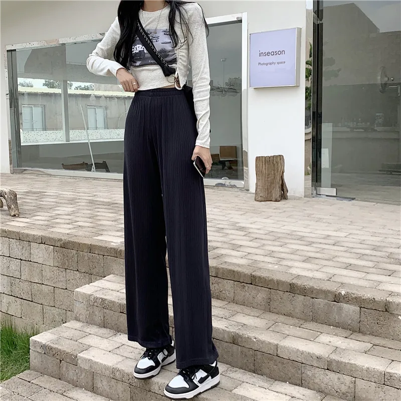 

Брюки женские повседневные с широкими штанинами, прямые Модные Винтажные мешковатые спортивные штаны с эластичным завышенным поясом, уличная одежда, черные