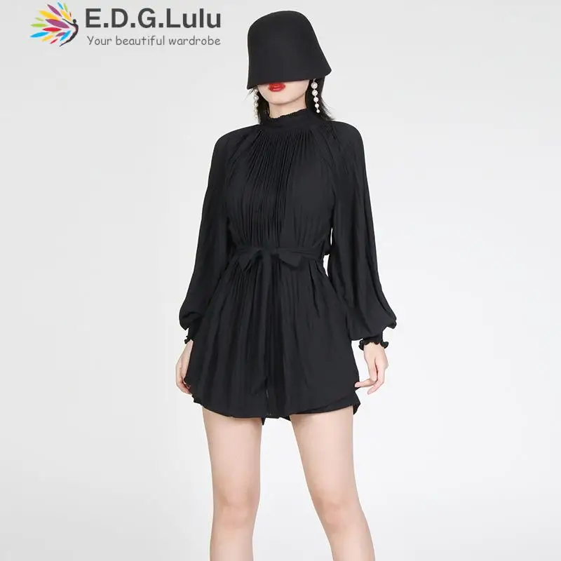 

EDGLuLu женская летняя блузка с воротником-стойкой и длинным рукавом, черные длинные топы, повседневные блузки на шнуровке, элегантные офисные ...