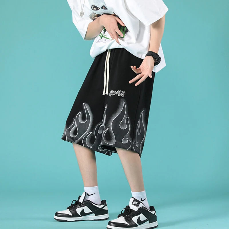 

New Harajuku Fire Print Men Shorts 2022 Streetwear Jogger Shorts Women Mens Summer Loose Elastic Waist Hip Hop Skateboard Shorts