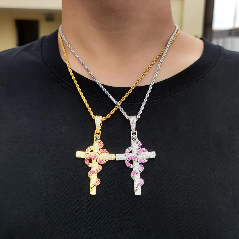 

New Style Hip Hop Retro Classic Snake Cross Full Zircon Trend Bling CZ Pendant Necklaces Fashion Jewelry