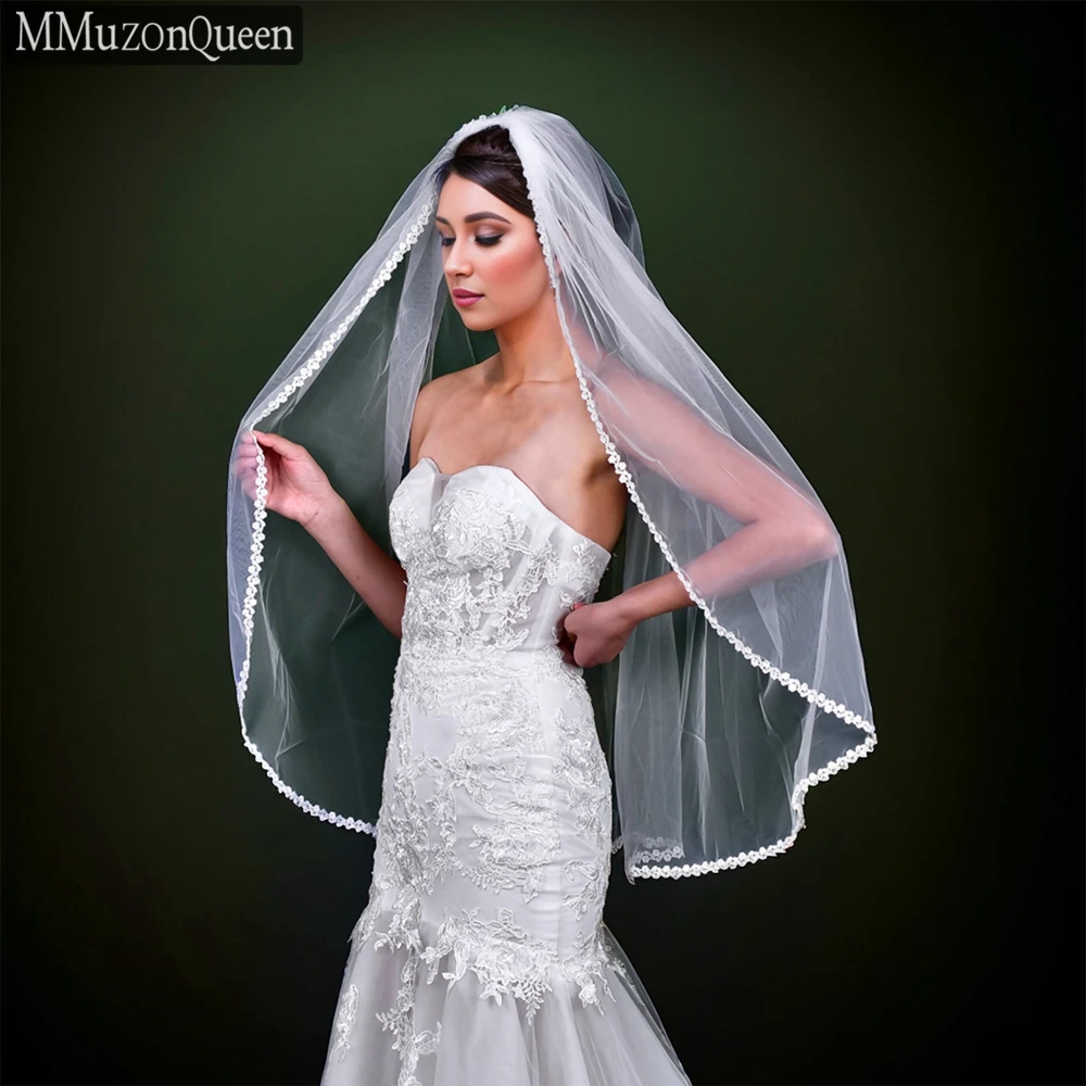 MMQ Дешевая свадебная короткая фата с кружевным краем мягкая однослойная белая