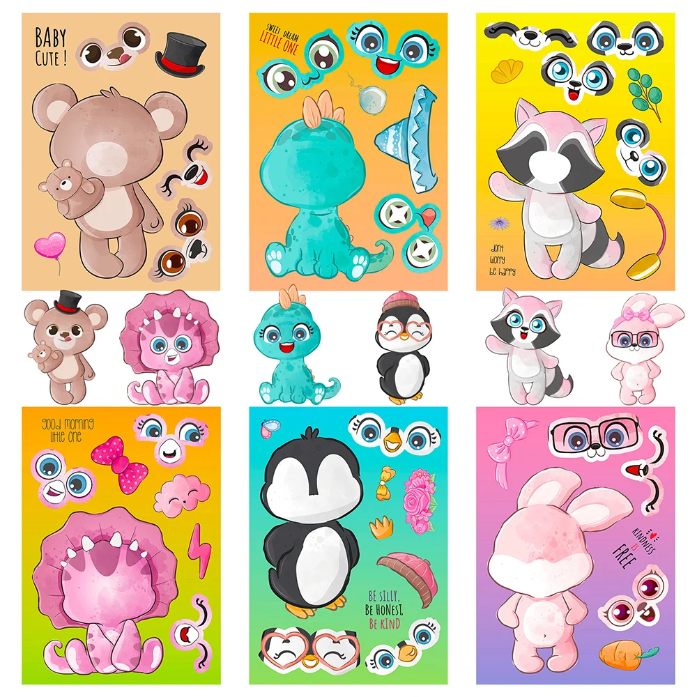 

6/12Sheets Cute Cartoon Animal Puzzle Sticker DIY Children Make a Face Dinosaur Kids Assemble Jigsaw Game Toys Gift Party Favors