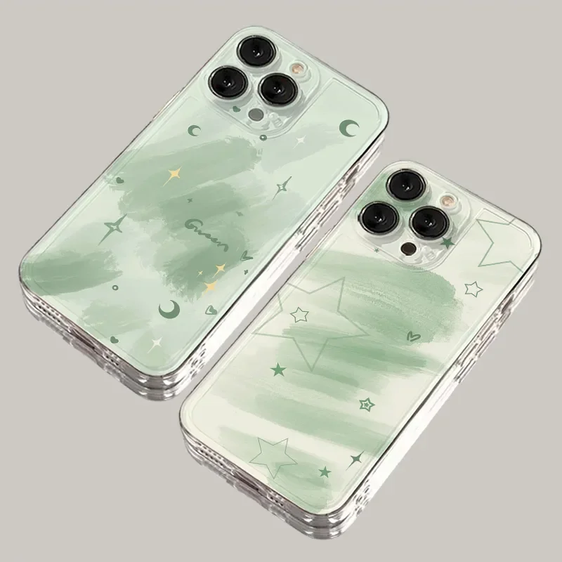 Корейский чехол для телефона с зеленой текстурой звезд iPhone 16 Pro Max 15 14 13 12 11 XR XS 7 8Plus