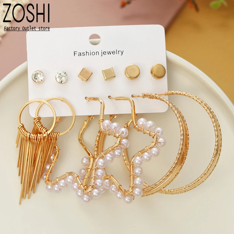 

6pair Earrings Set Imitation Pearl Star Hoop Earrings For Women Punk Fashion Metal Tassel Drop Earrings Crystal Studs Gold Color