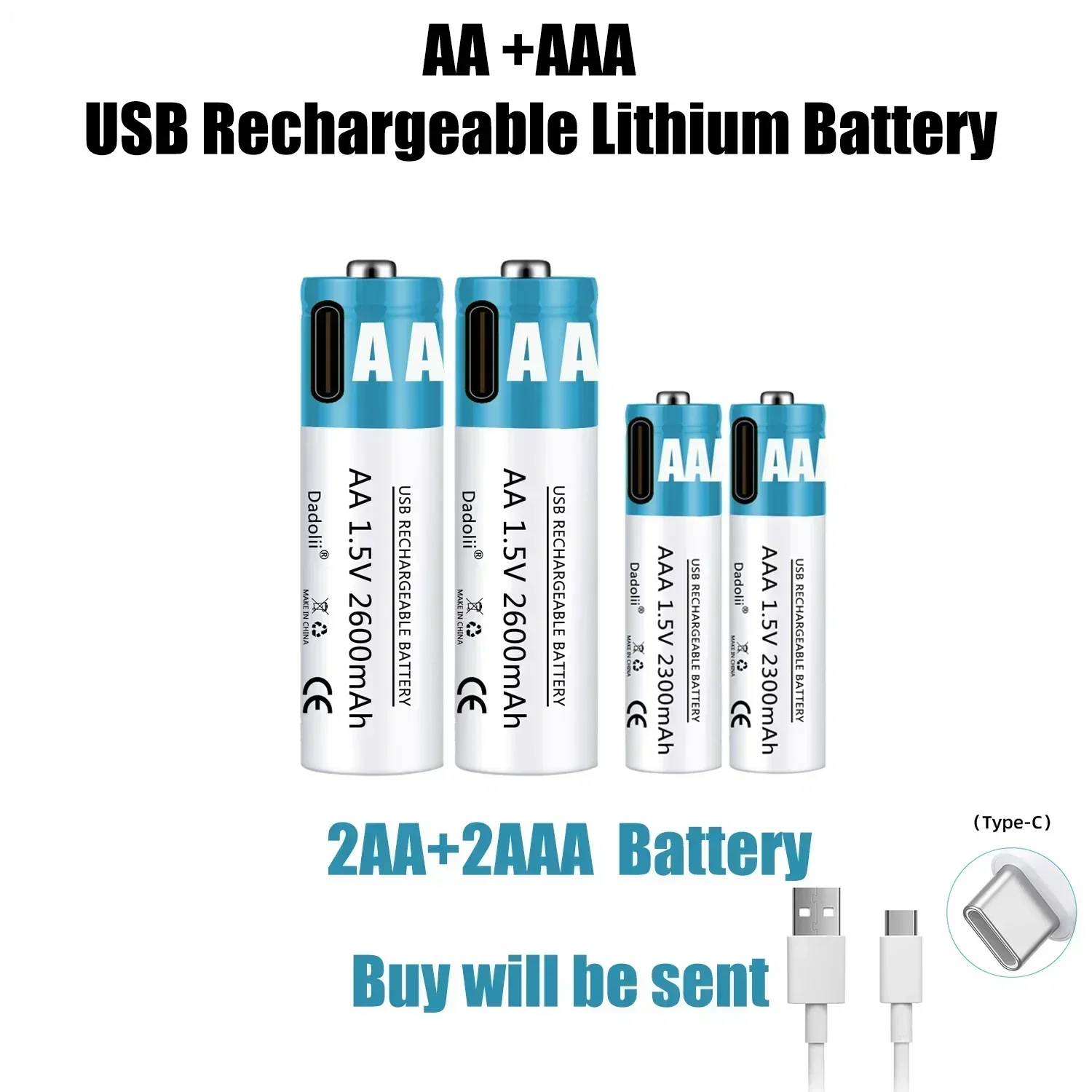Фото Литиевая аккумуляторная батарея 1.5V AA AAA (тип 5, тип 7) с USB-зарядкой Type-C, быстрая зарядка, для обучающих устройств, кодовых замков, 1200 циклов зарядки №4