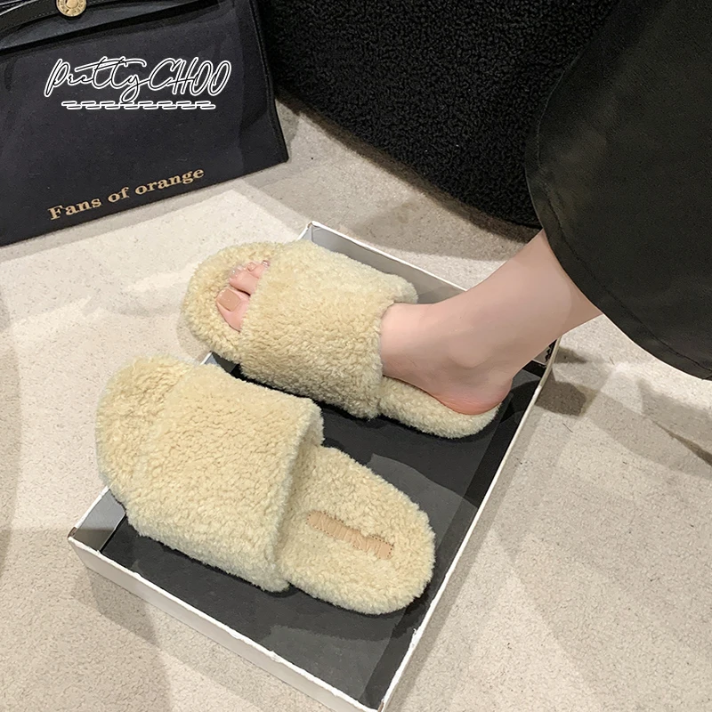 Мюли женские из овечьей шерсти толстая подошва кудрявые меховые тапочки модные