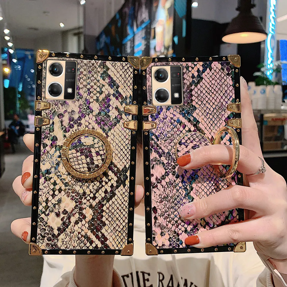 

Gold-Plated Snakeskin Ring Bracket Phone Case For Oppo F21s F21 F19 F17 F11 Pro Plus 5G F19s Find X3 X2 Lite RX17 R17 Neo F15