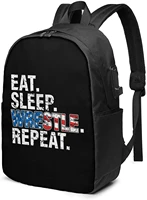eat sleep wrestle repeat business laptop school bookbag travel backpack with usb charging port headphone port fit 17 in