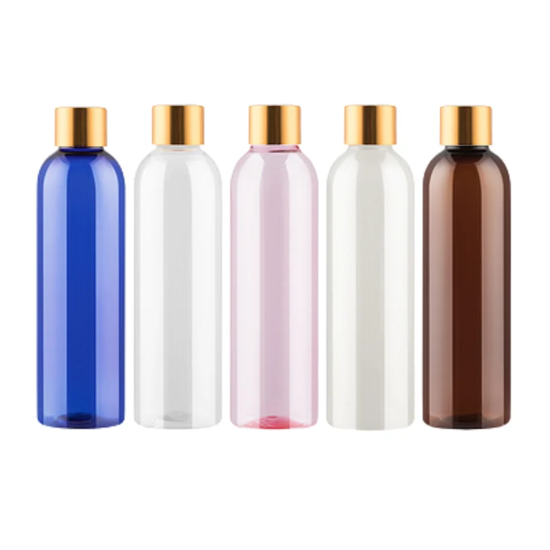 

200ML Empty Plastic Bottle Round Shoulder Shiny Gold Aluminum Screw Lid With Inner Plug Refillable Packaging Container 20Pieces