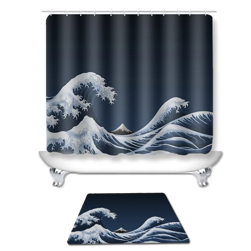 

Японские душевые занавески с большой волной канагава, душевые занавески Fuji, нескользящий ковер, водонепроницаемые шторы из полиэстера с крючками