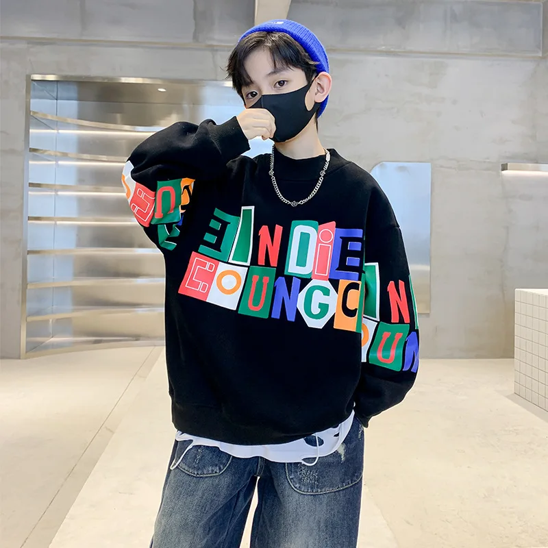 

Свитшот для мальчиков-подростков, хлопковый пуловер с буквенным принтом, пальто для детей, модная черная спортивная одежда, осень-зима